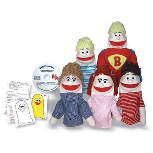 Bully Prevention Puppet Set, The Bully Prevention Puppet Set is suitable for dealing with bullies, courage and friendship) This Bully Prevention Puppet Set comes with two separate plays and groups of puppets to teach children about two different types of bullies: The Playground Bully and The Mean Girl Bully. An in depth teachers guide is included on the CD along with the two puppet plays. It includes discussion ideas and activities to be used as a follow up to the puppet plays. Written by a published, licen
