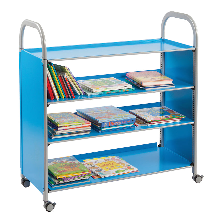 Callero Flat Shelf Unit, The Callero Tilted Shelf Unit has 3 wide shelves allowing versatility in what can be stored on the storage trolley. Store items both large and small, from books to pencils and pens. A great addition to a school's library or classroom. This trolley comes with both feet and castors allowing you to choose static or mobile use. The castors are lockable allowing for manoeuvrability and an easy way to secure the unit in place. Features of the Gratnells Callero Tilted Shelf Unit. Callero t