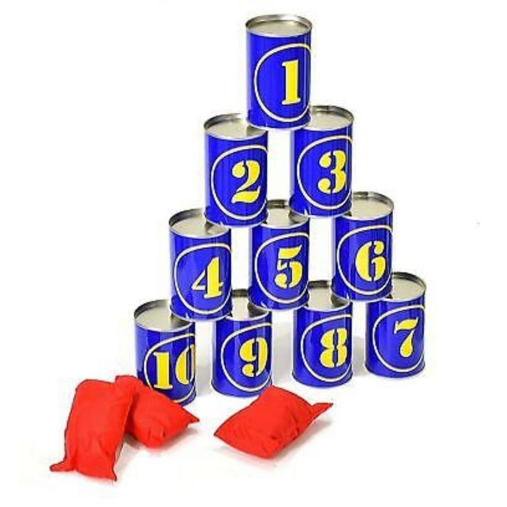 Can Crash Game, Few things in life are as satisfying as toppling a tower of tin cans from a distance.Bring this classic fairground attraction home with our tin cans and throwing bag set.The Can Crash Game includes ten real metal cans with silly face design as well as three bean bags that are ready for throwing! Simply stack the cans however you want, take aim, throw the bags and wait for the crash and clatter. Play by yourself or take turns with friends to see who can wipe out an entire stack with the fewes