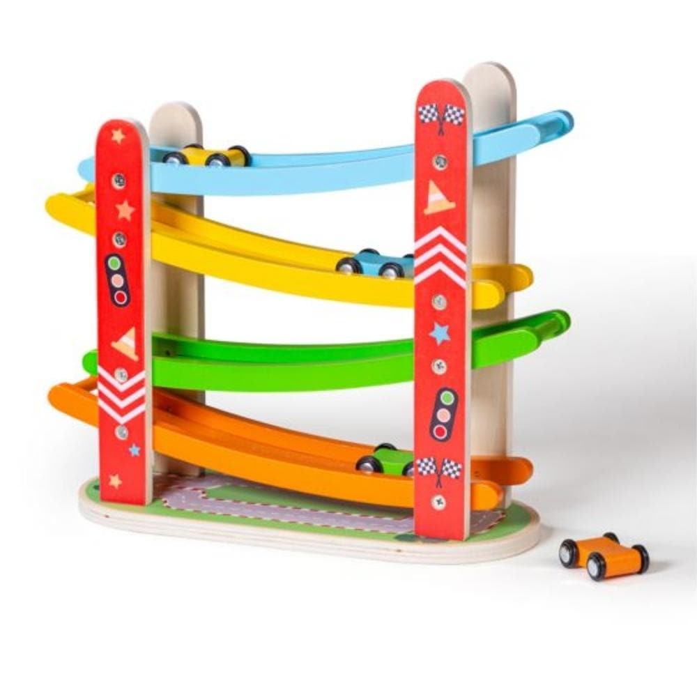Car Racer, Its race time! The Bigjigs Toys Wooden Car Racer is a classic racing wooden car ramp that provides hours of pretend play fun! Little ones will love watching the mini wooden cars race down the ramps and shoot out at the bottom! Can you catch them before they reach the end? Youll have to be quick! This premium-quality wooden car ramp is a great game for friends or kids to play individually. Includes 4 colourful cars. A great way to encourage imaginative play. Made from high-quality, responsibly sou