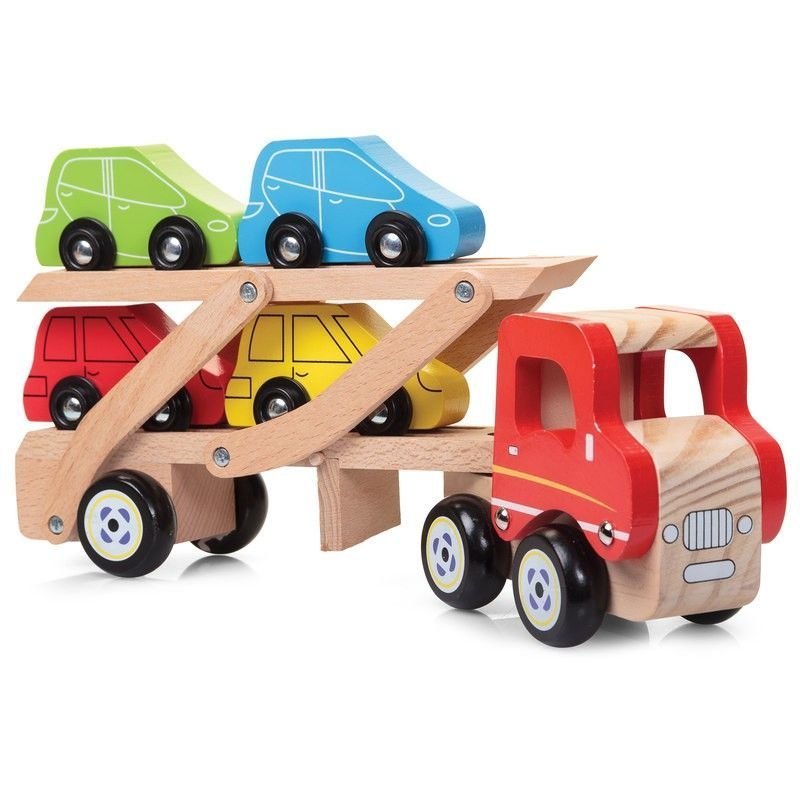 Car Transporter, Revolutionize playtime and spark imaginative adventures on the road with our Wooden Truck with Car Transporting Trailer and Four Toy Cars set. Built with meticulous craftsmanship, this multi-functional set embodies a classic yet timeless design that both children and parents will love. Immerse your little one in endless fun as they load and unload their fleet of vibrant cars, nurturing their motor skills and creativity at the same time. Features: Classic Design: The wooden car transporter s