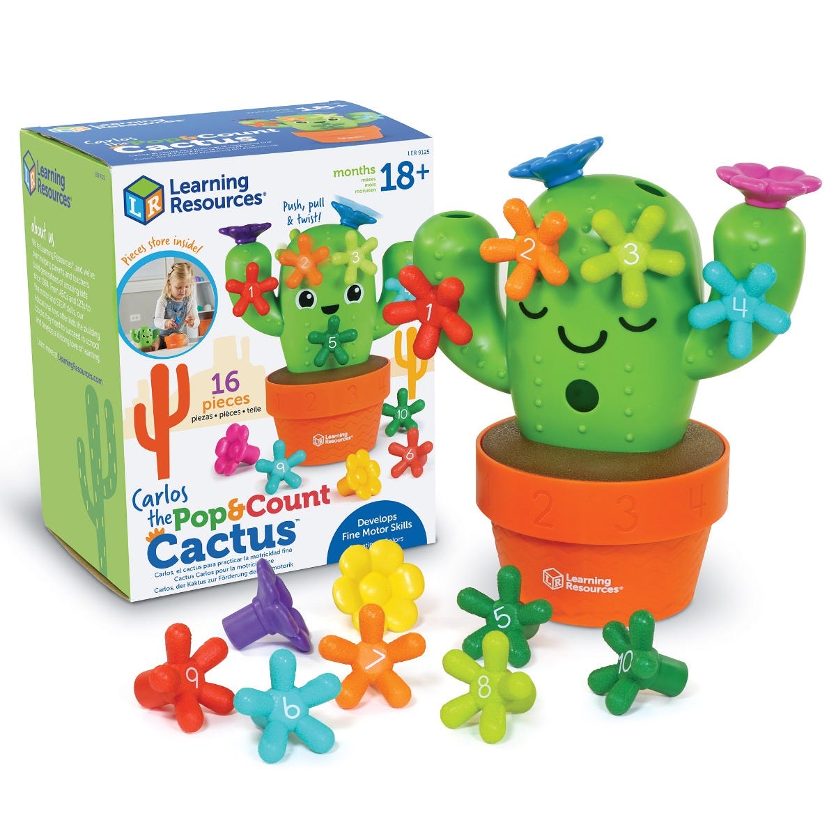 Carlos The Pop & Count Cactus, This fun Carlos The Pop & Count Cactus toy encourages little hands to grab and grow with tactile pieces made for active play. When children grab the colourful flowers and spikes and push and twist them into Carlos the Pop & Count Cactus, they develop strength in the wrist, thumb, and forefinger. This helps them build the hand strength and coordination they need to do fine motor-dependent tasks such as feeding themselves and getting dressed. Grow early years skills with Carlos 