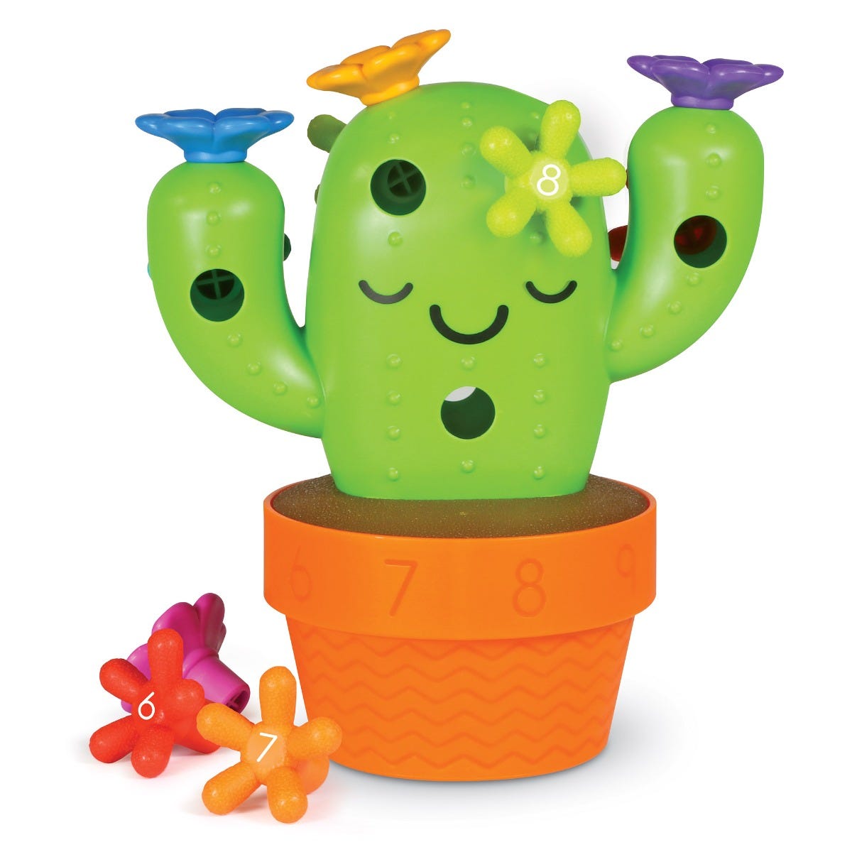 Carlos The Pop & Count Cactus, This fun Carlos The Pop & Count Cactus toy encourages little hands to grab and grow with tactile pieces made for active play. When children grab the colourful flowers and spikes and push and twist them into Carlos the Pop & Count Cactus, they develop strength in the wrist, thumb, and forefinger. This helps them build the hand strength and coordination they need to do fine motor-dependent tasks such as feeding themselves and getting dressed. Grow early years skills with Carlos 