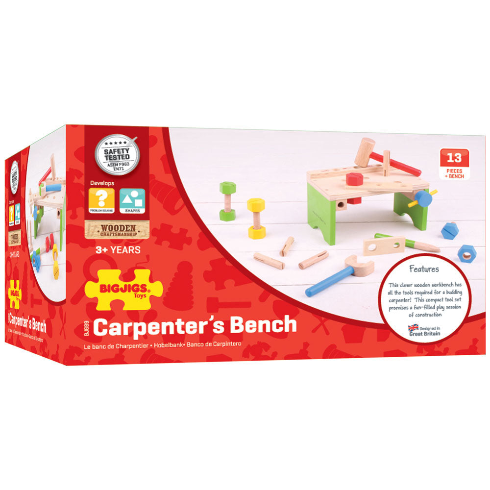 Carpenter's Bench, The Bigjigs Toys Carpenter’s Bench will introduce your budding woodworker to the joys of working with carpentry and construction tools. It guarantees hours of imaginative play and encourages hand/eye coordination skills! Looking for woodworking projects for kids? The Carpenter’s Bench comes with 14 lifelike wooden tools, including a hammer, spanner, screwdriver, and much more. There’s lots of workspace on the Carpenter’s Bench to accommodate all sorts of exciting woodwork designs. This fa