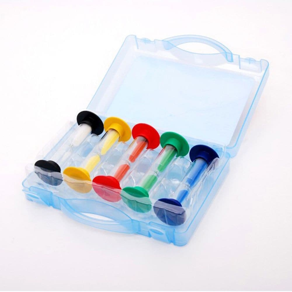Carry around Timer Kit, The Carry around Timer Kit is a set of 5 colour-coordinated larger sand timers perfect for teachers or therapists, all the sand timers come supplied in a handy carry case perfect for moving around. The Carry around Timer Kit contains 1 sand timer of each time frame of 30 seconds, 1 minute, 3 minutes, 5 minutes & 10 minutes. Set of 20 robust coloured Sand timers in plastic carry case. Each timer is colour coded and marked with the time period it measures. in Groups of 4, the time peri