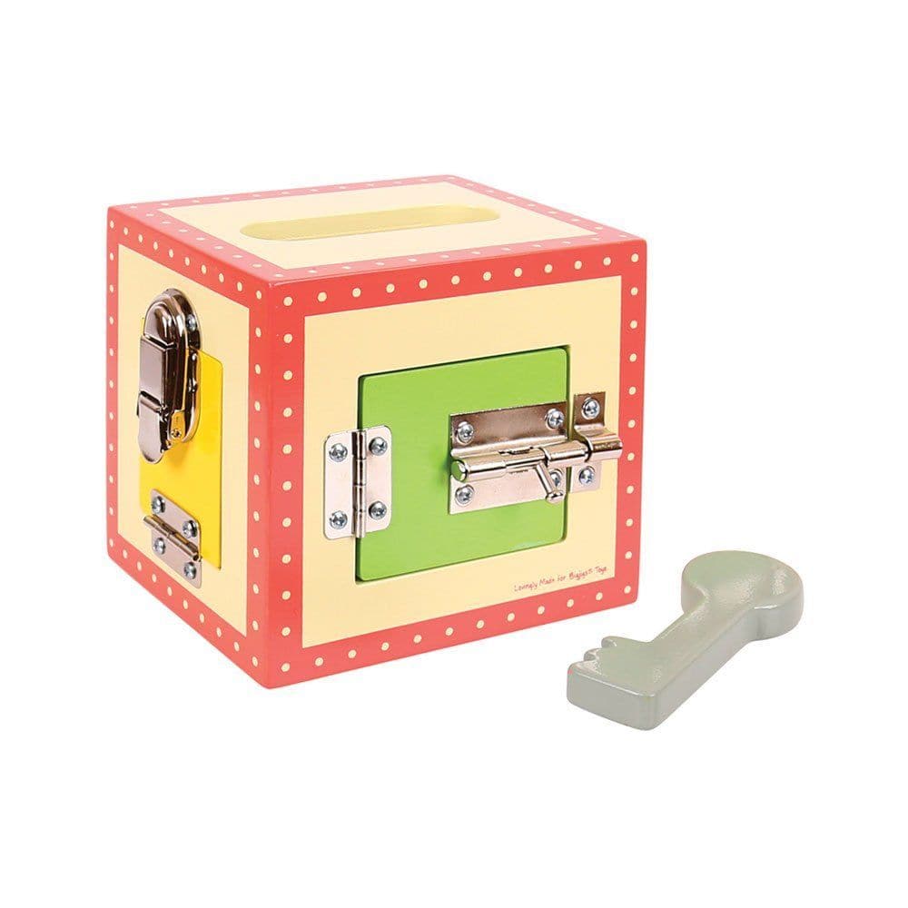 Carry Lock Box, This fun Lock Box will fascinate those curious children who enjoy puzzles and playing with locks and latches. This colourful wooden box has four doors, each of which has a different lock. A special key is the reward for working out how to open each lock. Grown ups could always hide a sweetie or some other treat inside as an extra reward! An ingenious idea which encourages hand/eye coordination and the improvement of fine motor skills, we just know there are some children who will absolutely 
