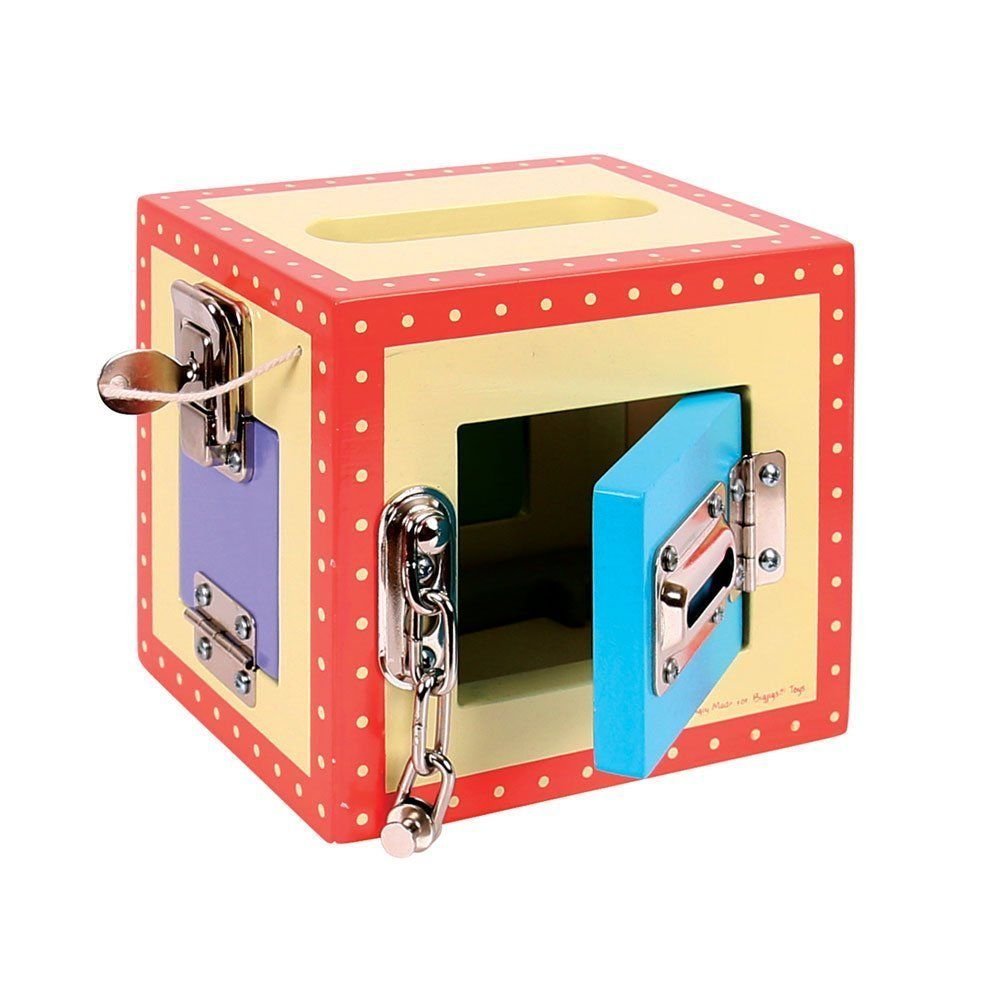 Carry Lock Box, This fun Lock Box will fascinate those curious children who enjoy puzzles and playing with locks and latches. This colourful wooden box has four doors, each of which has a different lock. A special key is the reward for working out how to open each lock. Grown ups could always hide a sweetie or some other treat inside as an extra reward! An ingenious idea which encourages hand/eye coordination and the improvement of fine motor skills, we just know there are some children who will absolutely 
