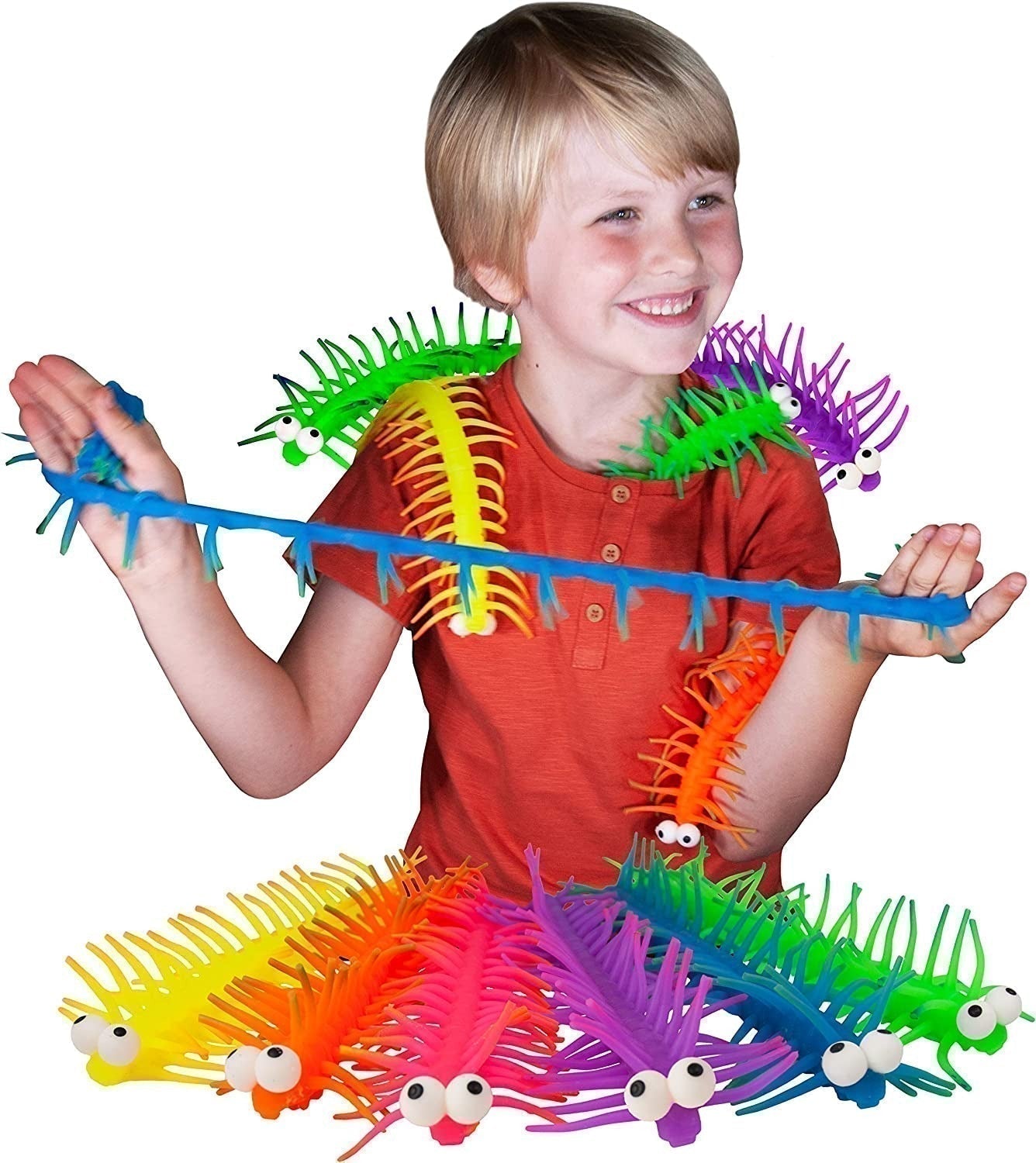 Centipede toy, Soft to touch and super stretchy colourful stretchy Centipede toy The Stretchy centipede stretches to longer lengths many times its standard size. Lovely and cute tactile centipede which is a tactile play delight and one which is very popular amongst children and adults. The Stretchy Centipede toy also responds very well under UV black light to create a stunning visual effect. A fantastic way to experience a new texture and sensation and this is perfect for children who maybe tactile defensiv