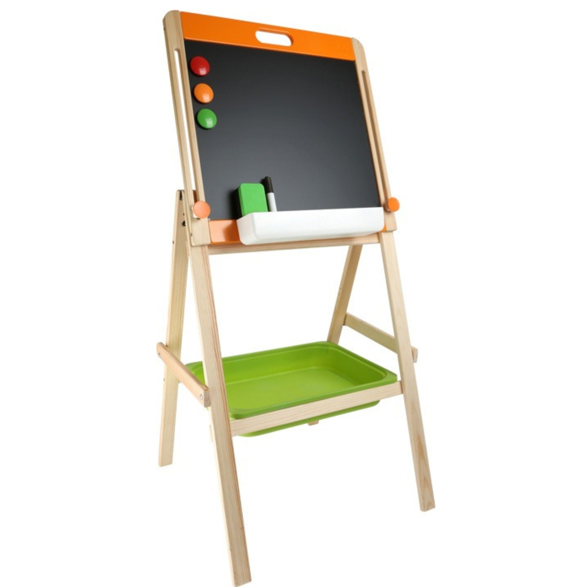 Chalk and Magnet Board, This 2-in-1 chalk and magnet board is the perfect addition to any learning environment. Made of high-quality wood, this board offers two different surfaces for writing - one side is perfect for chalk and the other side is compatible with felt-tip pens. The versatility of this Chalk and Magnet Board allows children to explore their creativity using different materials.In addition to its dual functionality, this Chalk and Magnet Board also includes magnetic capabilities. Four magnets a