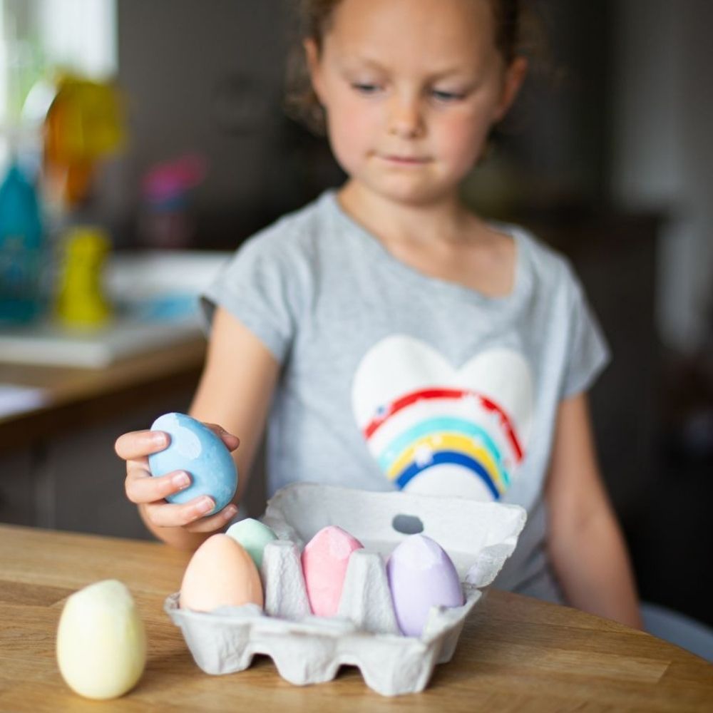 Chalk Eggs, Encourage creative play time with these colourful Chalk Eggs, supplied in 6 beautiful pastel colours including yellow, green, orange, pink, purple and blue. Palm sized chalks moulded into an easy grip egg shape, ideal for outdoor mark making activities and perfect for little artists! The Chalk Eggs are beautifully packed in a cardboard egg box , making it the ideal gift for Easter. Little artists can make their own creations with the six pastel colours - yellow, green, orange, pink, purple and b