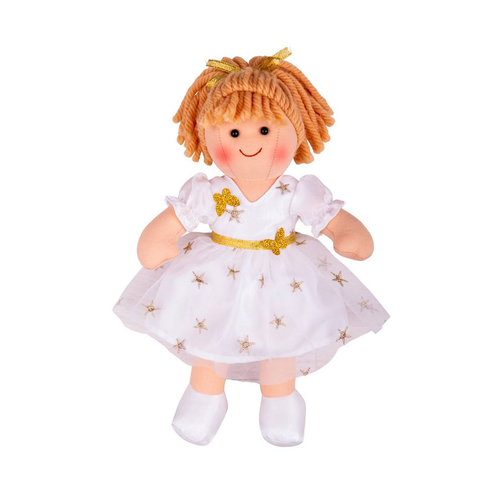 Charlotte Doll - Small, Meet Charlotte, the soft and cuddly ragdoll that's ready to become your child's beloved companion. With her charming white dress adorned with a delightful gold star print and a sweet smile that's impossible to resist, Charlotte is sure to capture your little one's heart from the very first moment they meet. Here's what makes Charlotte the perfect playtime partner: 1. Soft and Cuddly: Charlotte is designed to be extra soft and cuddly, making her the ideal friend for snuggles and bedti
