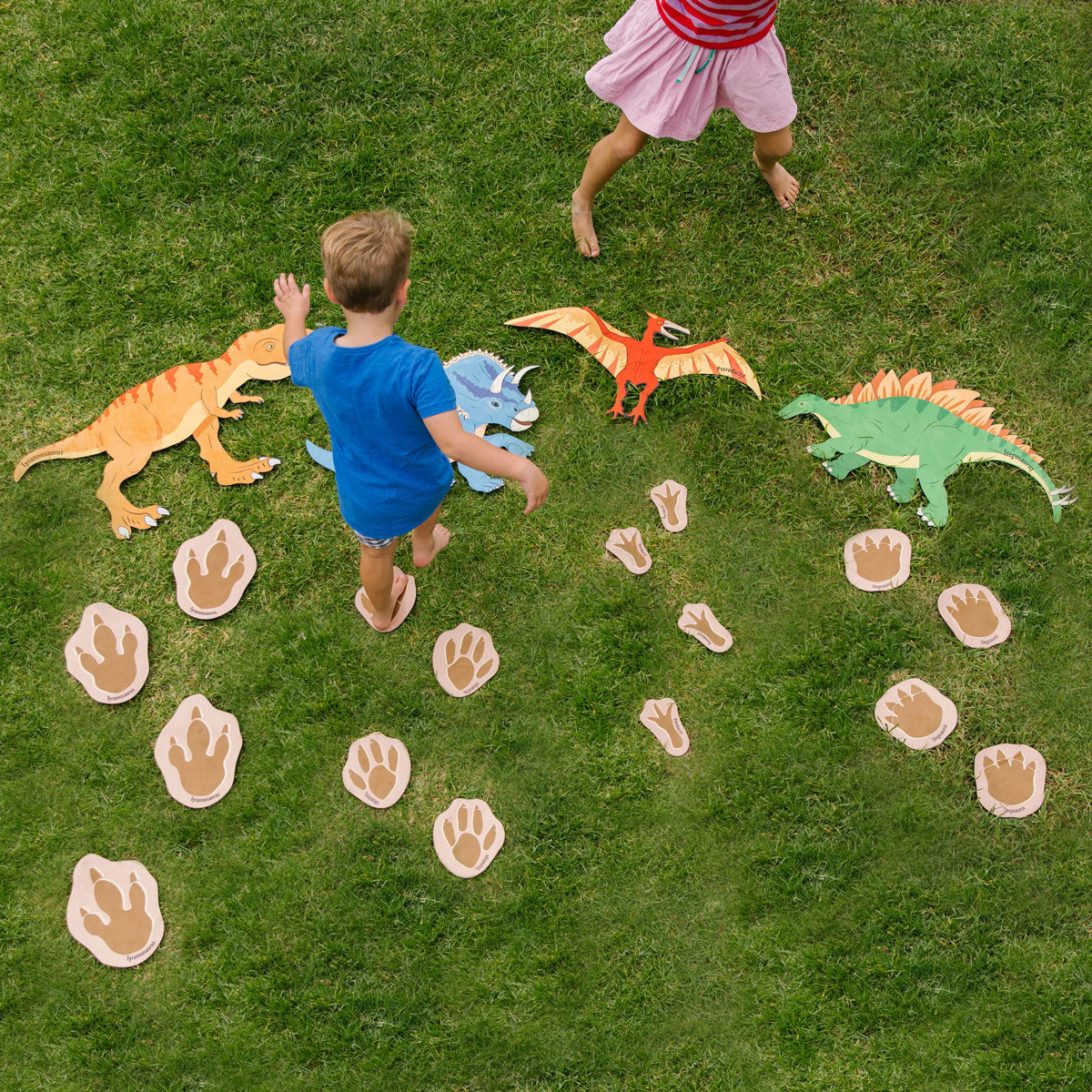 Chasing Dinosaurs, Introduce your little ones to the fascinating world of dinosaurs with our Dinosaur Footprint Trailset! This exciting playmat set features 20 non-slip, thick, natural rubber backed mats that come in various sizes, from 78cm for the largest piece to 13cm for the smallest piece. Each mat displays a colourful footprint of a different dinosaur including the Pterodactyl, Stegosaurus, Triceratops and Tyrannosaurus Rex, which makes learning fun and engaging.The Chasing Dinosaurs mats are also con