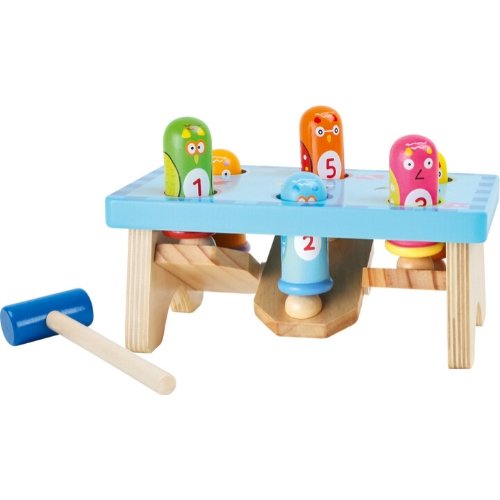 Cheeky Bird Hammer Bench, The Cheeky Bird Hammer Bench is the perfect toy for young hammer experts aged 18 months and up. With six cheeky little birds, this toy provides endless entertainment as the birds nod their colorful heads under the direction of the hammer.One bird lowers its head while another one raises his, creating a fun and engaging experience for your little one. This unique hammering bench is crafted from robust solid and laminated wood, ensuring its durability and long-lasting use.Not only do