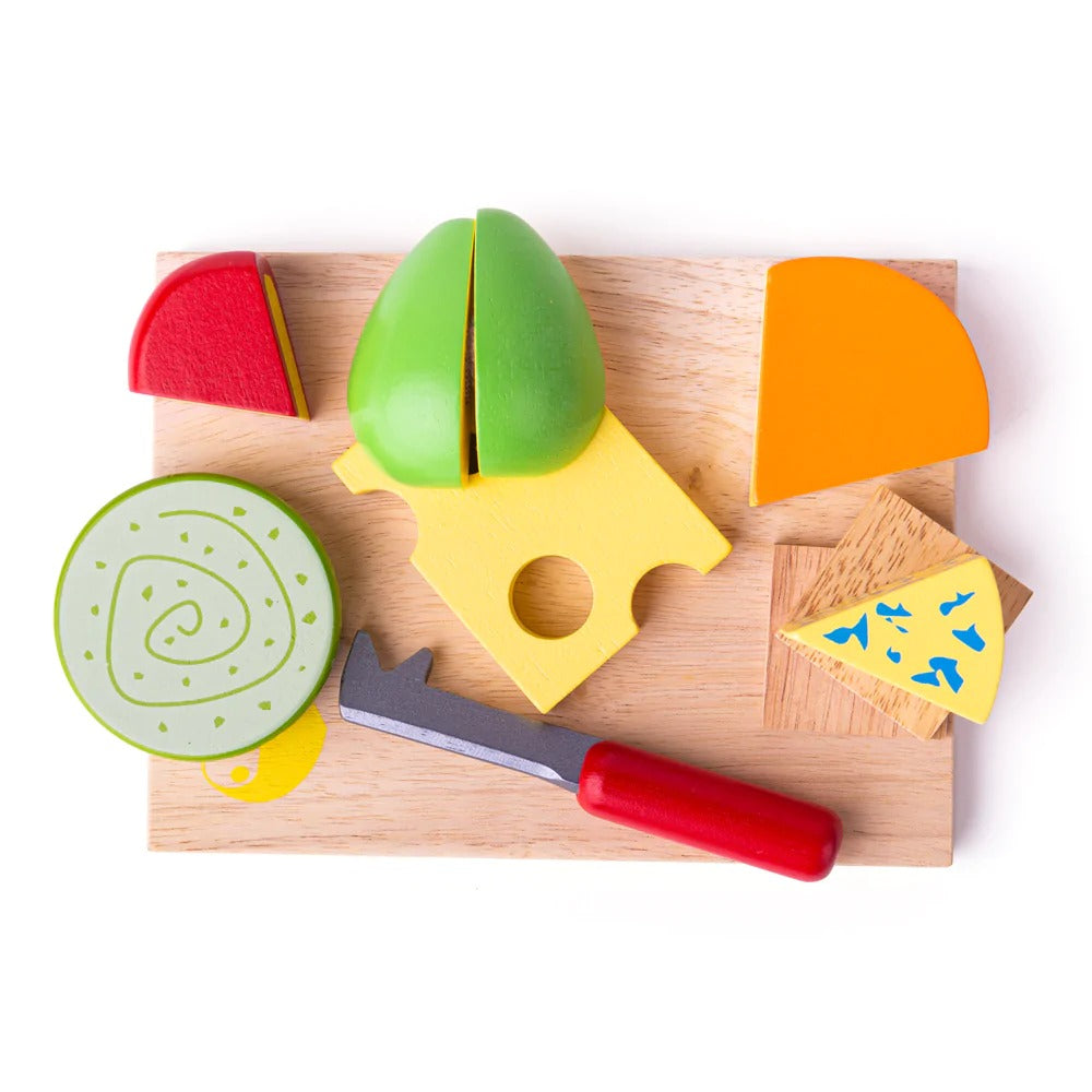 Cheese Board Set, A wooden Cheese Board and knife, with a selection of brightly coloured cheeses to slice and serve! Bigjigs Toys wooden play food is ideal to help your little one to learn about the importance of a healthy and balanced diet, where our food comes from and how we prepare our meals. Encourages creative and imaginative role play. Made from high quality, responsibly sourced materials. Conforms to current European safety standards. Consists of 11 play pieces. Say cheese! This Cheese Board Set com