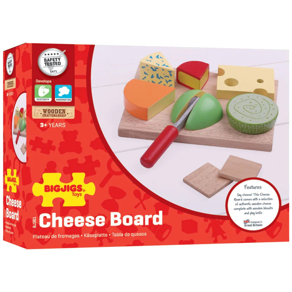 Cheese Board Set, A wooden Cheese Board and knife, with a selection of brightly coloured cheeses to slice and serve! Bigjigs Toys wooden play food is ideal to help your little one to learn about the importance of a healthy and balanced diet, where our food comes from and how we prepare our meals. Encourages creative and imaginative role play. Made from high quality, responsibly sourced materials. Conforms to current European safety standards. Consists of 11 play pieces. Say cheese! This Cheese Board Set com