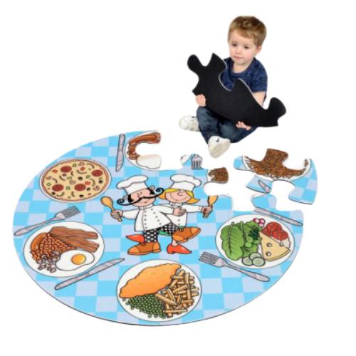 Chefs Jumbo Puzzle, Part of the Jumbo Puzzle range this Chef puzzle is the perfect way to encourage inclusive play, with each child able to sit at a different meal and take part in creative role play games. Inspire discussion on different foods whilst developing key formative skills. The Chefs Jumbo Puzzle is made from 100% Polyester Felt and are the perfect addition to any educational or play setting. Jumbo Puzzle range Chef & Meal print Circular design Encourage inclusive play Inspire creative role play D