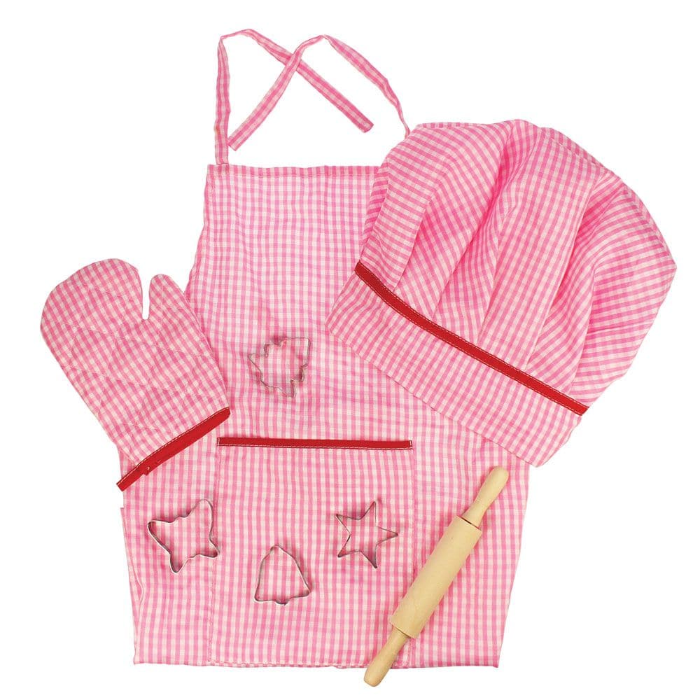 Chefs Set, Budding young Chef's need to look the part if they're going to make it to the top. This bright gingham apron with matching hat and oven glove will delight your youngster and encourage an interest in the kitchen and food preparation. This set also includes four pastry cutters and a sturdy wooden rolling pin, to help your youngster to get creative in the play kitchen or even the real kitchen! Encourages creative and imaginative role play. Conforms to current European safety standards. Consists of 8