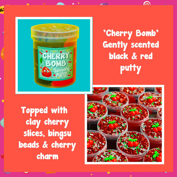 Cherry Bomb Putty, Strap yourself in for some crazy, sensory fun with our Cherry Bomb putty. Bursting with excitement, this putty contains a vibrant red and black that mix perfectly with the colourful cherry sprinkles and juicy cherry charm toppers, with a gentle cherry scent for all the explosive, fruity fun you could ever need. Putties are air reactive and will dry out of left out. Always return to the container after play with the lid tightly on. Keep away from direct sunlight. Keep away from fabrics and