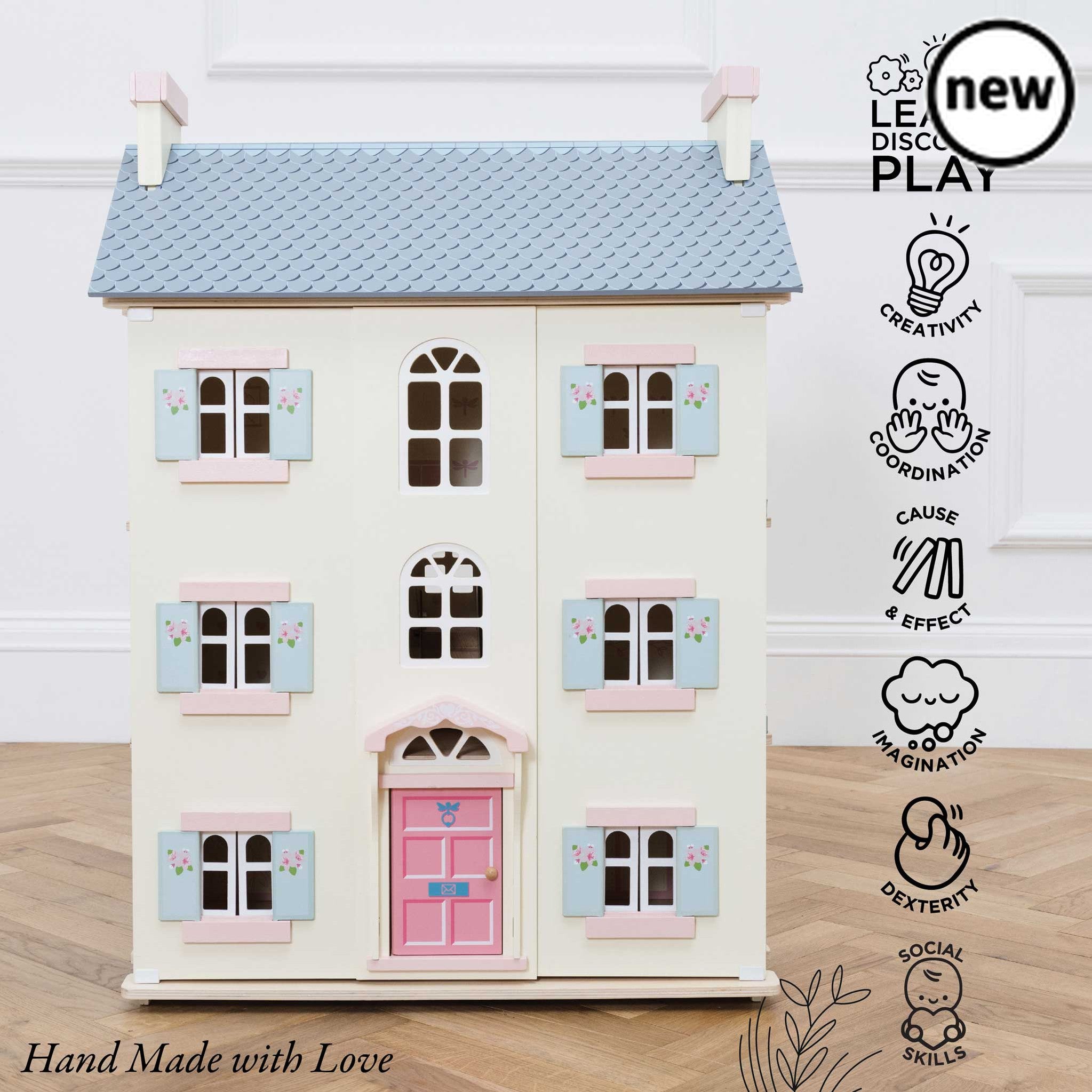 Cherry Tree Hall Doll House, Description Welcome home! This grand 4 storey wooden dolls house makes a stunning addition to your child’s toy collection. Role play fun adventures await with this simply stunning toy doll house, fitting for any miniature lord or lady. Full of exquisite details, this grandiose home is fully painted in soft creams with pink and blue accents and sweet flower motif detailing. A beautiful arched window feature sets off this truly magnificent house and the handsome front door is just