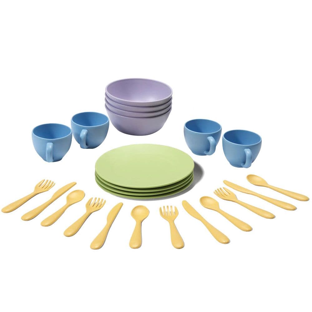 Child Dish Set, Empower your little hosts and hostesses to think sustainably with this eco-friendly Children's Dinner Set. Made entirely in the USA from 100% recycled milk jugs, this dinner set is as kind to the planet as it is fun for kids. Child Dish Set Features: Comprehensive 24-Piece Set: With 4 plates, 4 bowls, 4 cups, 4 knives, 4 forks, and 4 spoons, this set offers a complete dinner service for your child to serve their imaginary dinner guests. Eco-Friendly and Sustainable: The entire set is made fr