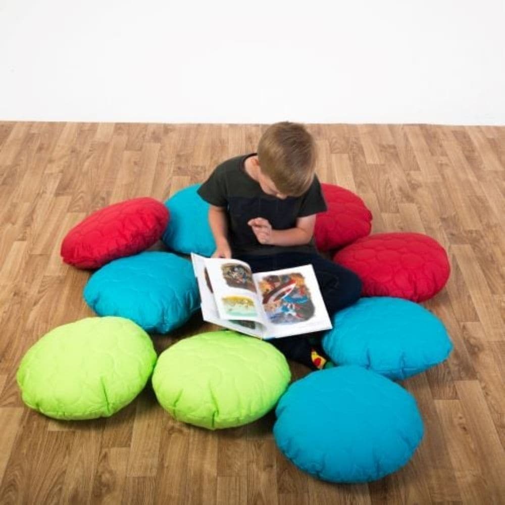 Child Scatter Cushions Set of 10 Padded - Lime, The Child Scatter Cushions Set are designed to be the perfect addition to carpet time. Child Scatter Cushions Setare an exciting treat for fidgety children and help to denote the desired seating area. Hand these out the next time you need full attention and you will see a transformation in carpet time concentration. Child Scatter Cushions Set are also a great resource for safe distancing in classrooms. Soft, shower-proof and UV Resistant material Measures 40cm