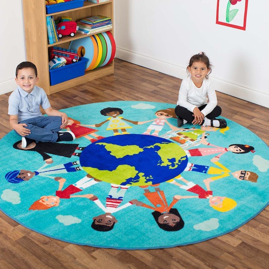 Children of the World Multi-Cultural Carpet Teal, The Children of the World Multi-Cultural Carpet is a thick and soft carpet with images of 12 children from different cultures around the world holding hands. The Children of the World Multi-Cultural Carpet creates awareness of people, communities and cultural differences. The Children of the World Multi-Cultural Carpet is a great teaching resource giving understanding to the World. Circular 2m carpet depicting children from around the world. Designed to enco