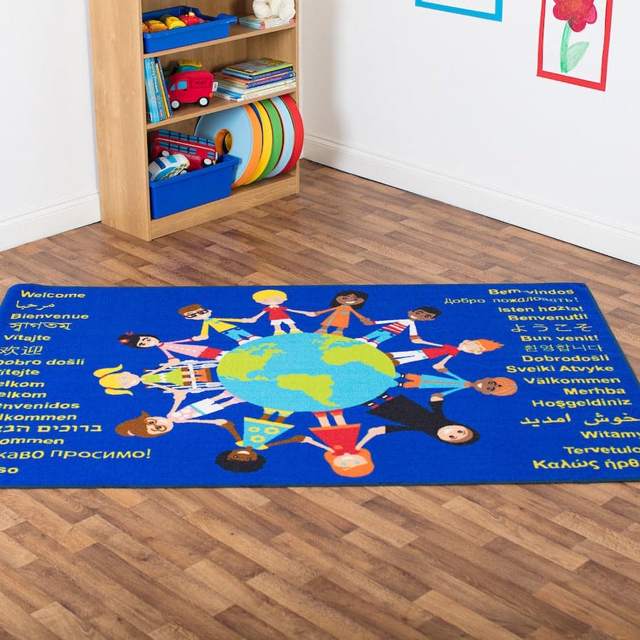 Children of the World Welcome Carpet, This soft, rectangular Children of the World Welcome Carpet which depicts children from around the world holding hands and shows 'welcome' in multiple languages, will engage discussion into ethnicity, cultural identification and religious awareness. The Children of the World Welcome Carpet is ideal as a group learning aid to introductory Multi-Cultural Studies and to perhaps encourage children to talk about their own cultural backgrounds and that of their friends and re