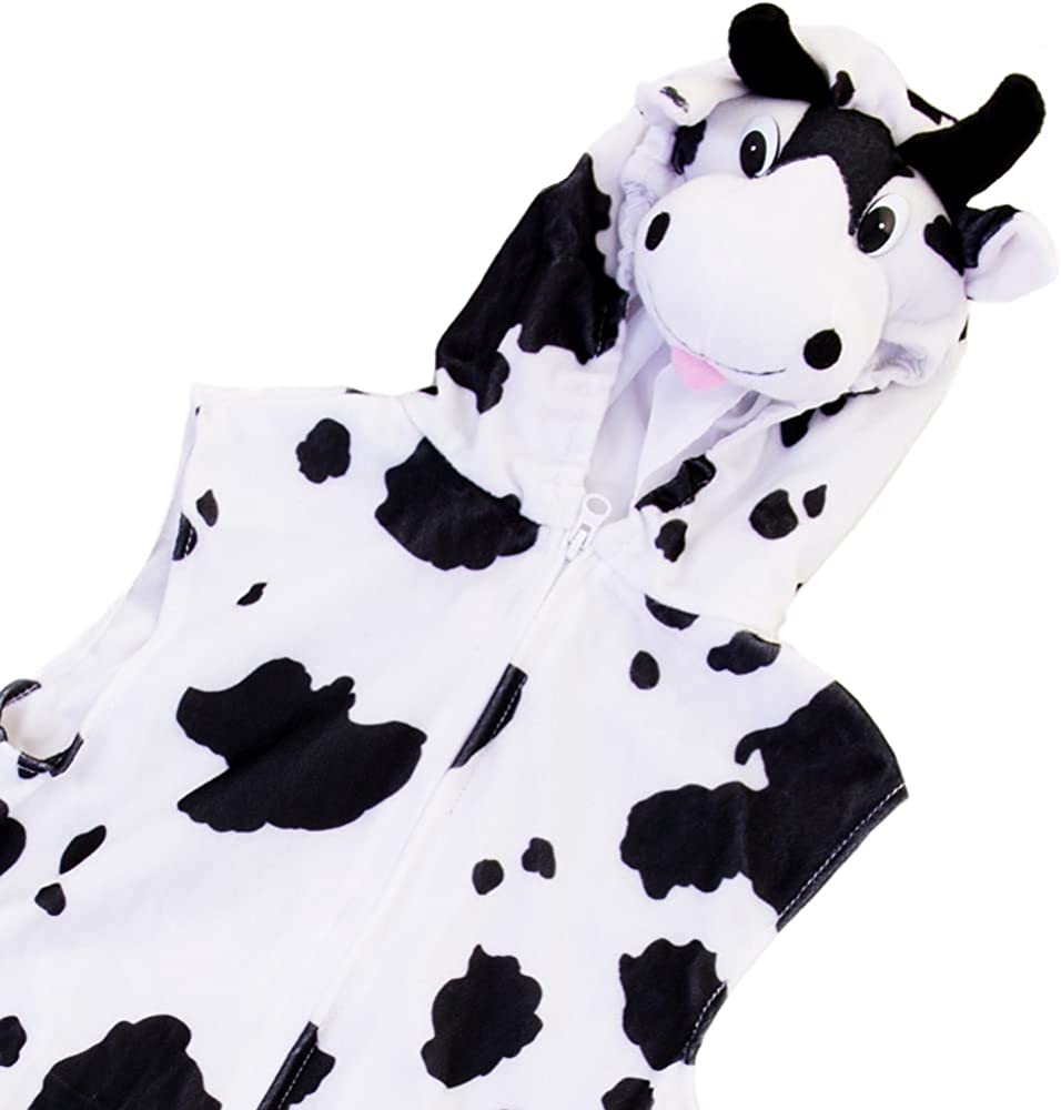 Childrens Cow Zip Top Costume, Kids will love this Cow costume with easy-wear Zip Top design and great great fun! Also perfect for role play in Early years or for the Nativity story. PERFECT OUTFIT FOR farmyard animal outfit costume Role play ideal for a fancy dress party school plays and dressing up days nursery dance shows book week High Quality: Made up of an incredibly durable and hard-wearing plush Velour polyester, as well as a fully lined hood interior, this costume is more than up to the rough and t