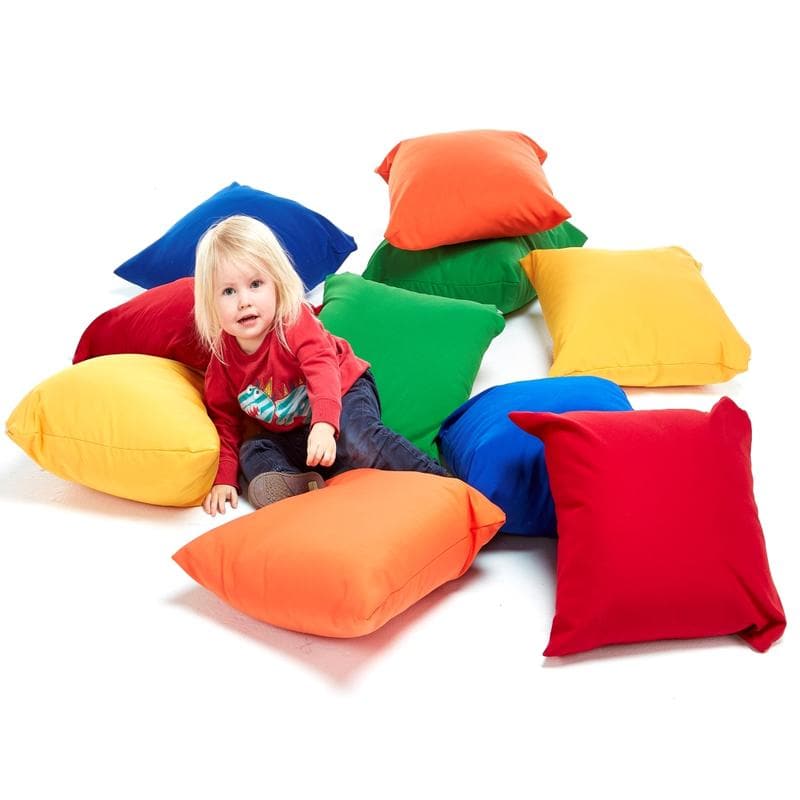 Childrens Floor cushions pack of 10, A set of Children's Floor cushions filled with polyester fibre in a 10 pack. The Children's Floor cushions are in an assortment of bright colours and are a quick and economical way of seating children during story time or discussion. Create an inviting and engaging sensory learning space with this pack of soft cushions. Perfect for stroking, squishing and squeezing Size: 500mm Square, Children's floor cushion pack of 10,Small Cushions Pack Of 10,Children's floor cushions