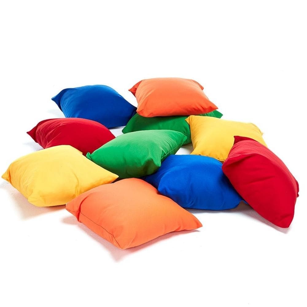 Childrens Floor cushions pack of 10, A set of Children's Floor cushions filled with polyester fibre in a 10 pack. The Children's Floor cushions are in an assortment of bright colours and are a quick and economical way of seating children during story time or discussion. Create an inviting and engaging sensory learning space with this pack of soft cushions. Perfect for stroking, squishing and squeezing Size: 500mm Square, Children's floor cushion pack of 10,Small Cushions Pack Of 10,Children's floor cushions