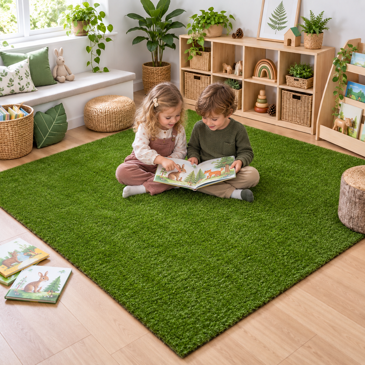 Children using the Children's Landscape Grass Rug in an early years indoor or outdoor play setting, view 6