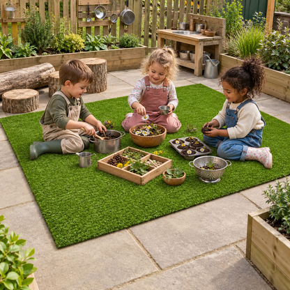Children using the Children's Landscape Grass Rug in an early years indoor or outdoor play setting, view 7
