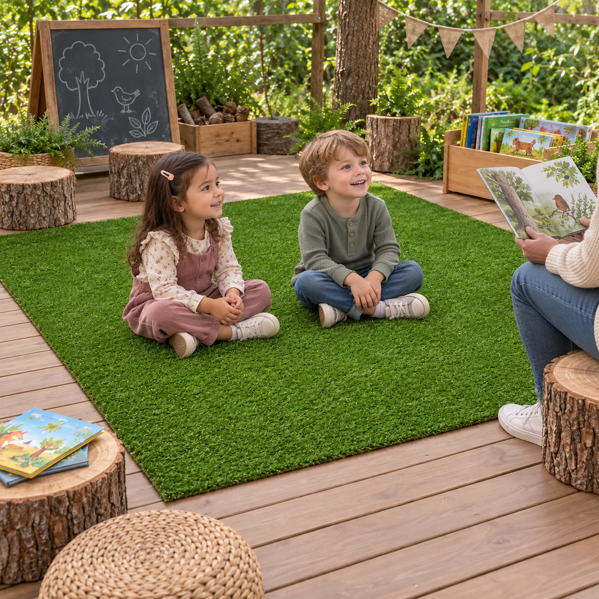 Children using the Children's Landscape Grass Rug in an early years indoor or outdoor play setting, view 8