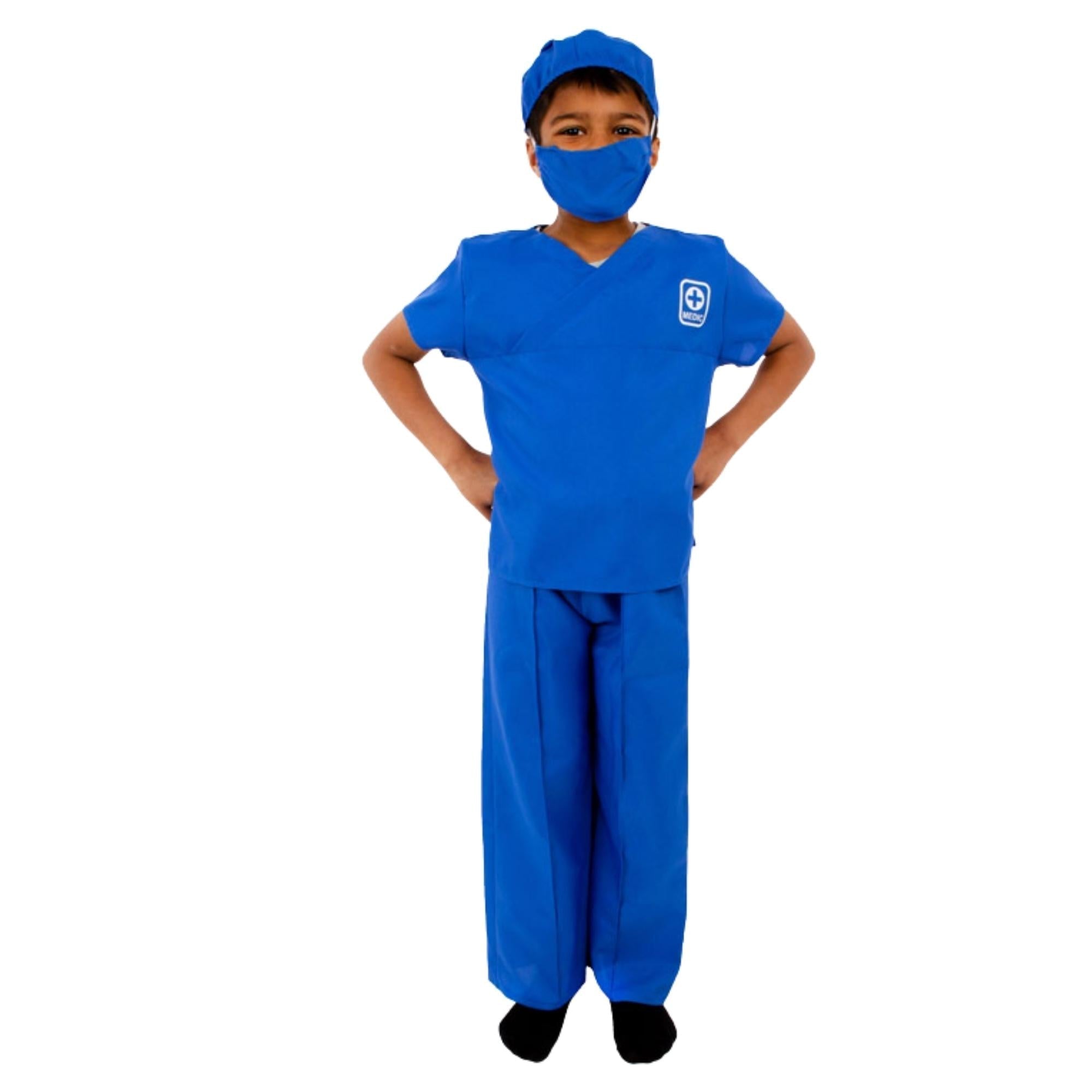 Children's Medic Costume - 3-5 Years, This Children's Medic Costume comprises: polyester, "bi-stretch" elasticated trousers, tunic top with print and one-piece cap and mask. Encourage role play with this realistic, modern dressing up costume. They'll always be on call with this premium and immersive children's surgical medic costume! This very tactile outfit is constructed with authenticity and fun in mind. Let them get caught up in the moment of role play thanks to detailing such as the realistic cutaway s