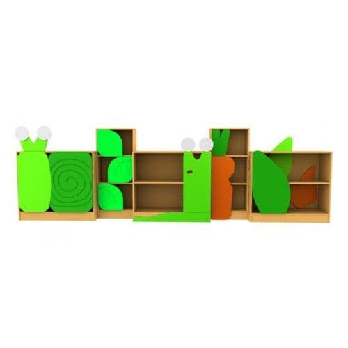 Childrens Novelty Bookcase Snail with Leaf Door, Brightly coloured bookcases will bring the outside in Our Natural World range is a set of themed bookcases featuring easily identifiable images from the world outside our window and will make any environment the envy of others who see it. The bookcases are 18mm MFC faced and edged on all sides in beech. The feature panels and doors are painted in water based laquers for safety and are supplied as shown The range has been designed to allow individual pieces to