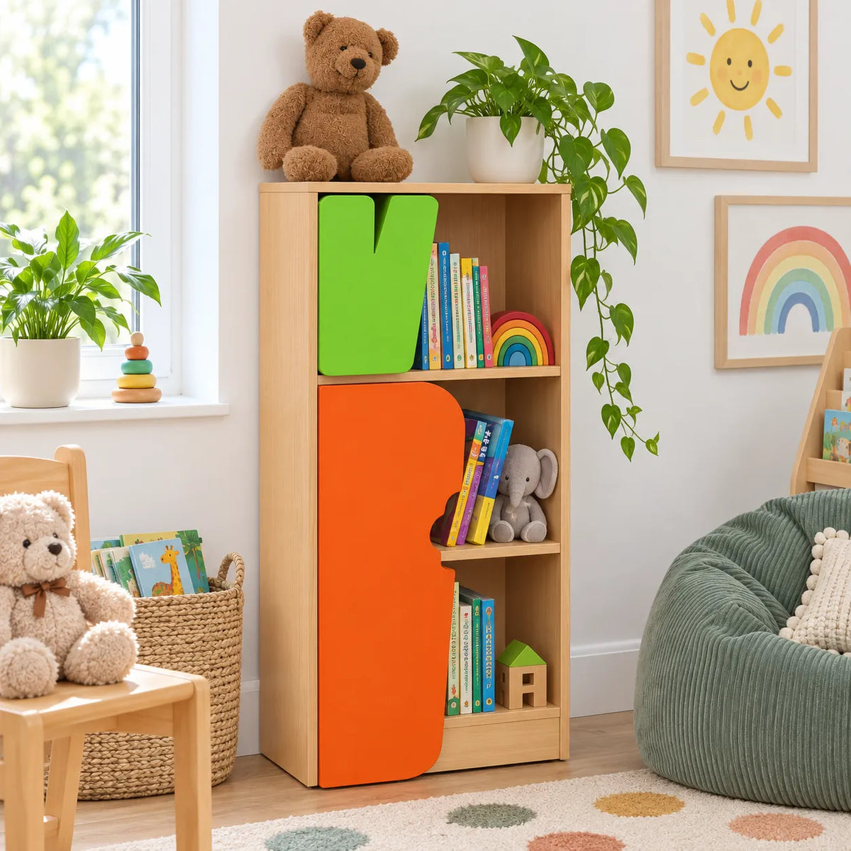 Children’s Novelty Bookcase with Carrot Door in a bright early years classroom – view 6