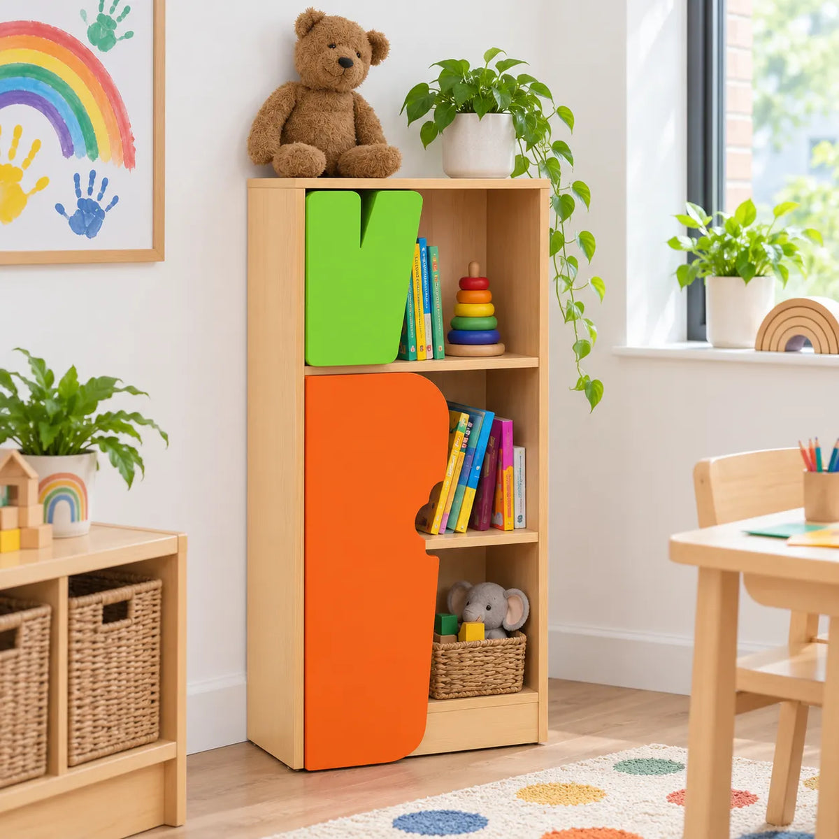 Children’s Novelty Bookcase with Carrot Door in a bright early years classroom – view 7