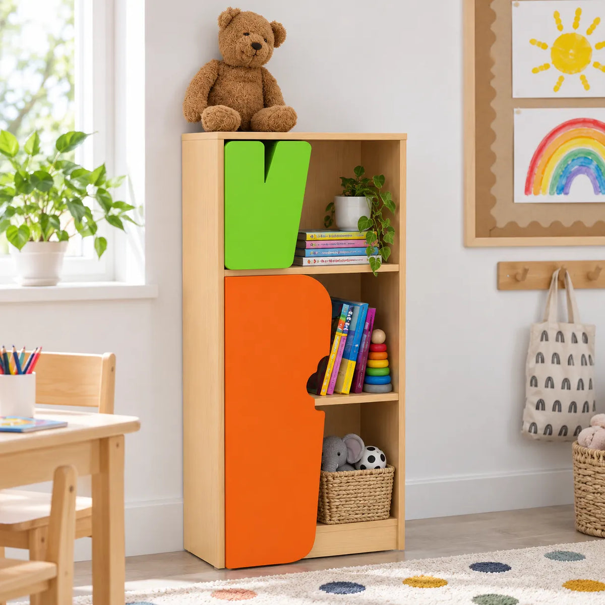 Children’s Novelty Bookcase with Carrot Door in a bright early years classroom – view 8
