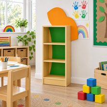 Children’s Novelty Frog Bookcase with Feature Panels in a bright early years classroom – view 1