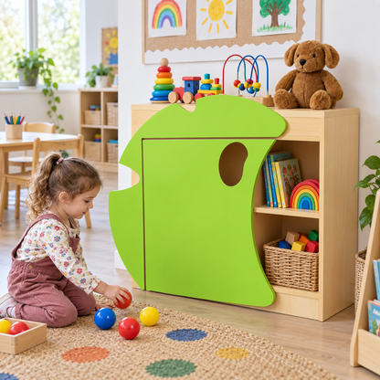 Children’s Novelty Frog Bookcase with Lilypad Doors in a bright early years classroom – view 2