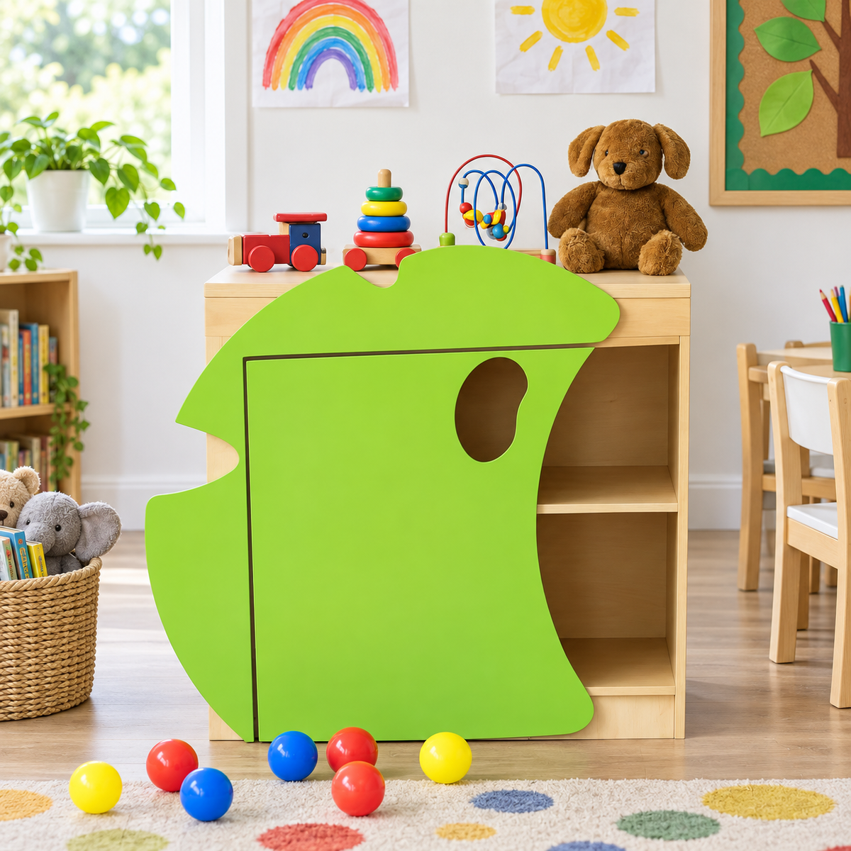 Children’s Novelty Frog Bookcase with Lilypad Doors in a bright early years classroom – view 3