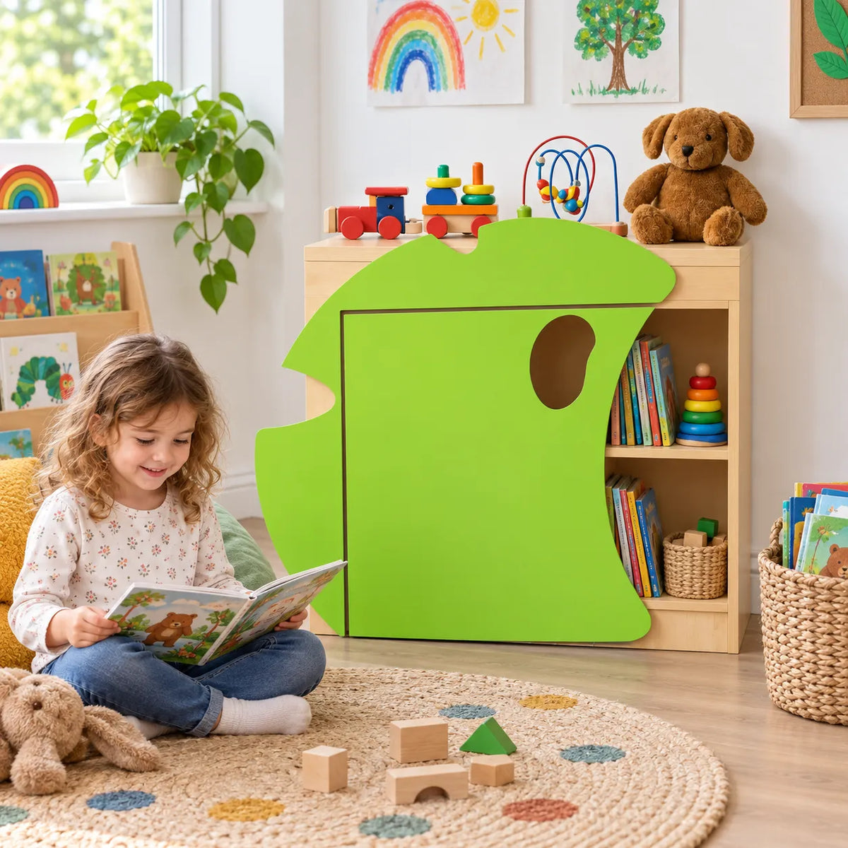 Children’s Novelty Frog Bookcase with Lilypad Doors in a bright early years classroom – view 7