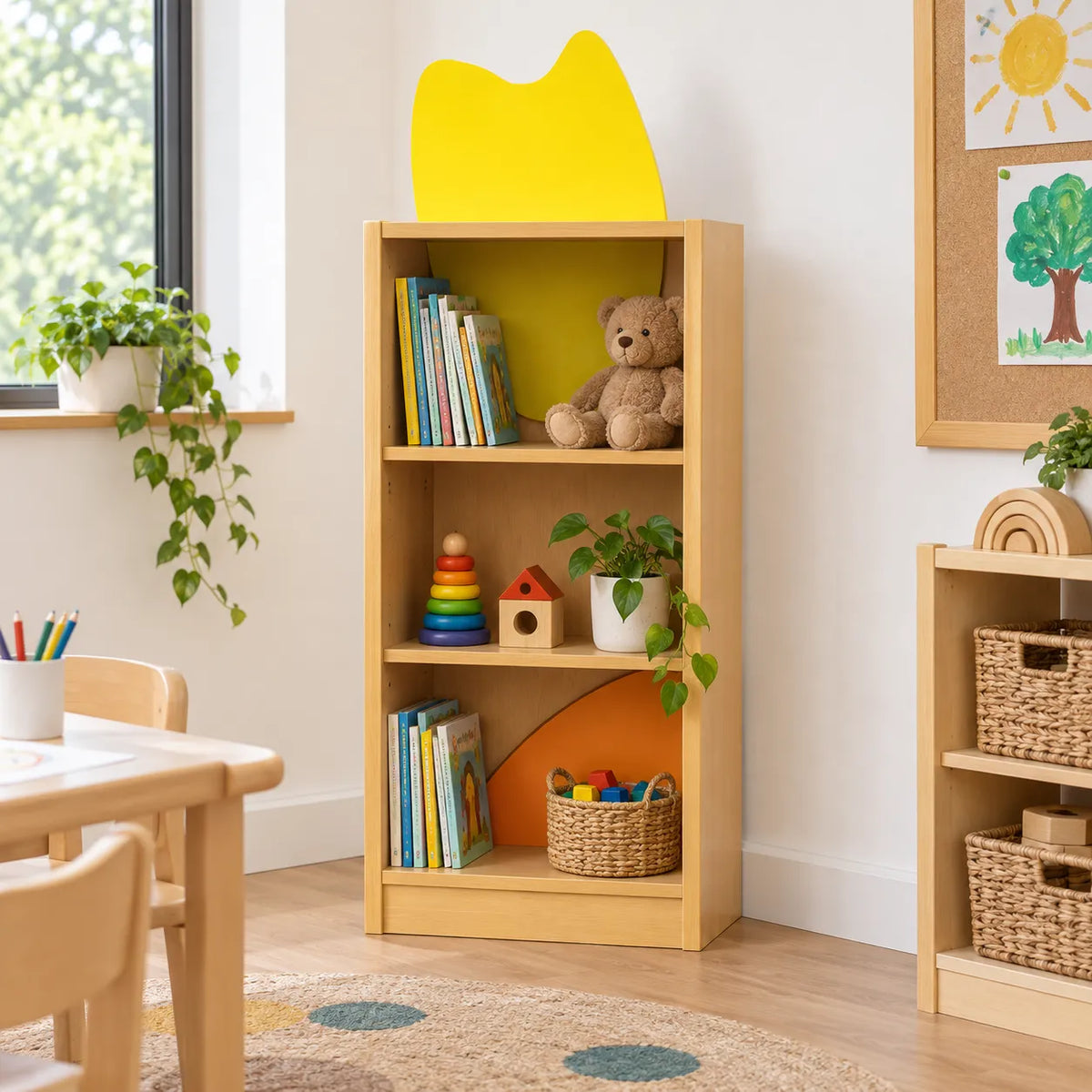 Children’s Novelty Honeybee Bookcase with Feature Panels in a bright early years classroom – view 2