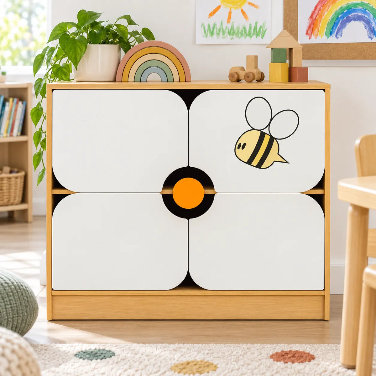 Children’s Novelty Honeybee Bookcase with Flower Doors in a bright early years classroom – view 5