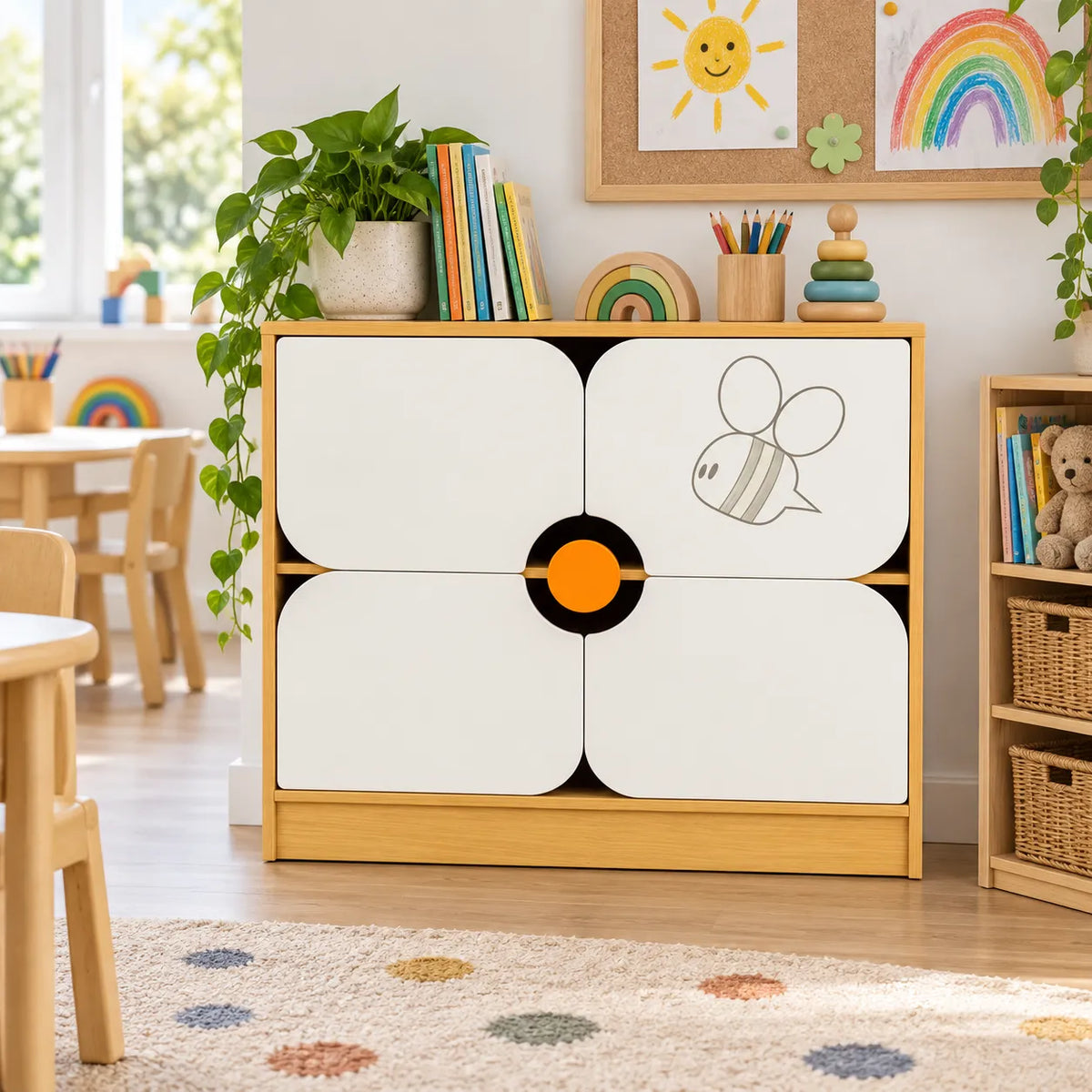 Children’s Novelty Honeybee Bookcase with Flower Doors in a bright early years classroom – view 6