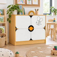 Children’s Novelty Honeybee Bookcase with Flower Doors in a bright early years classroom – view 1
