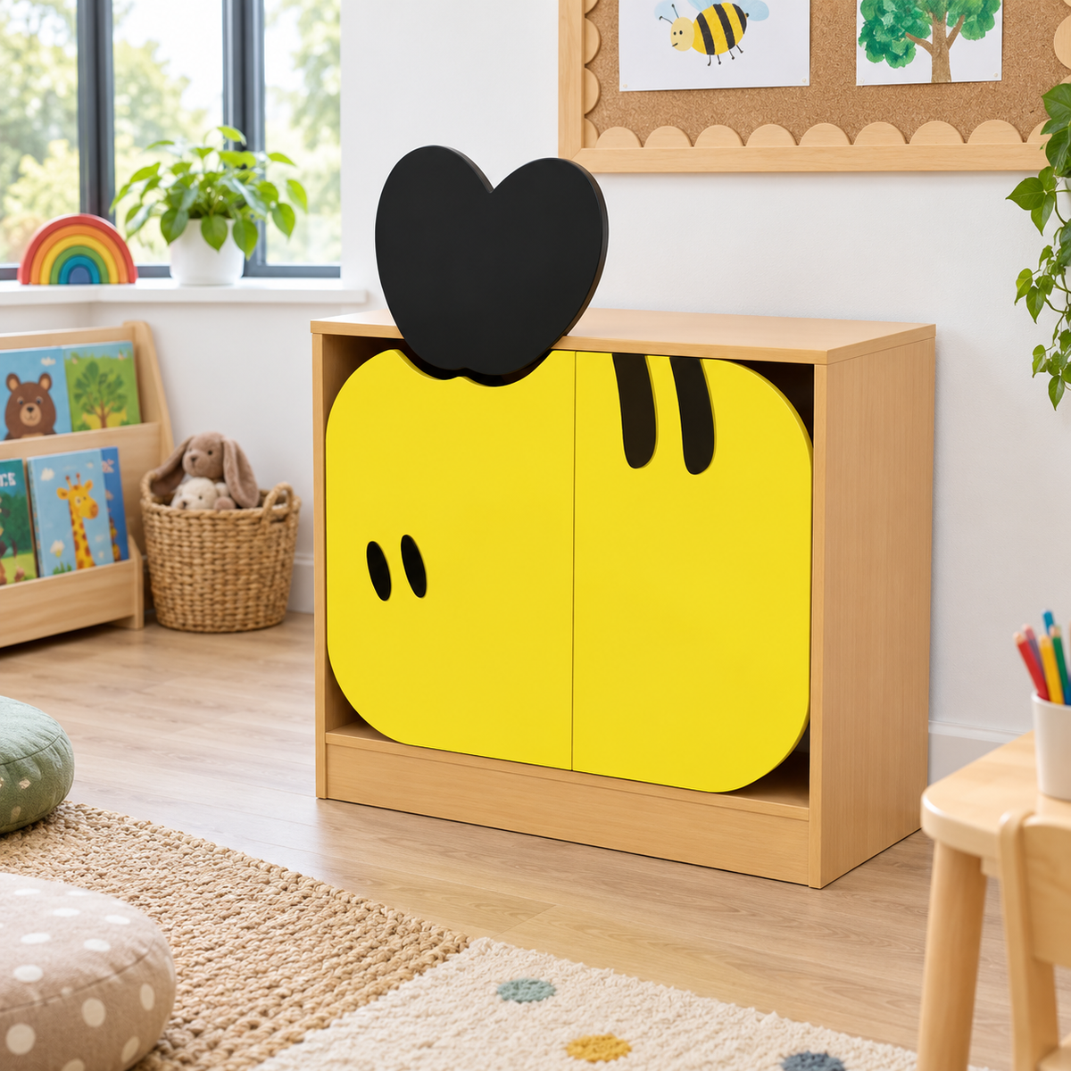 Children’s Novelty Honeybee Low Bookcase with Doors in a bright early years classroom – view 2