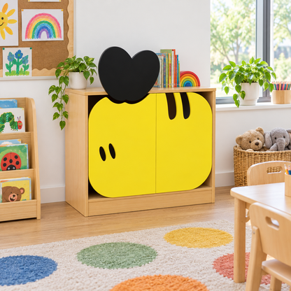 Children’s Novelty Honeybee Low Bookcase with Doors in a bright early years classroom – view 3