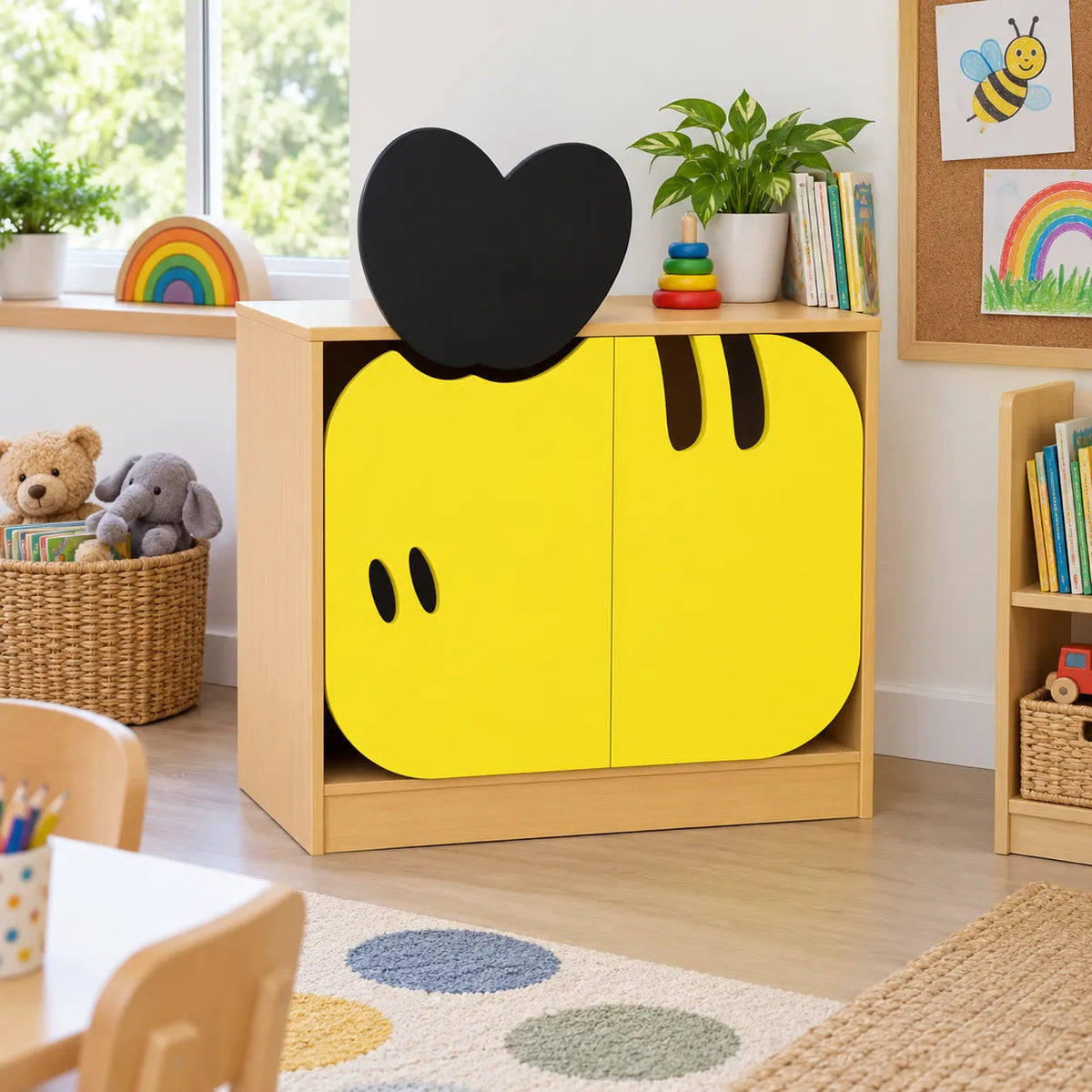 Children’s Novelty Honeybee Low Bookcase with Doors in a bright early years classroom – view 5