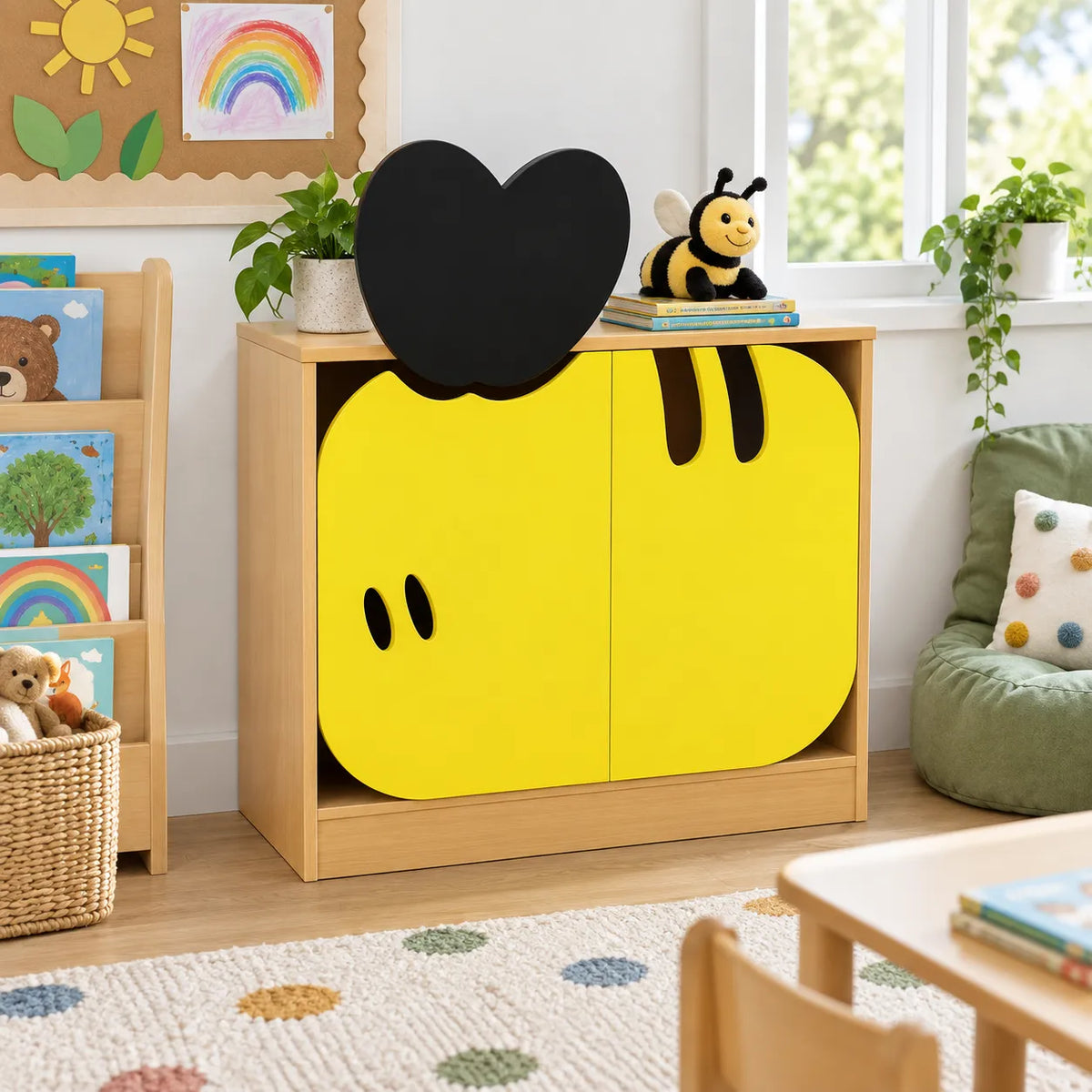 Children’s Novelty Honeybee Low Bookcase with Doors in a bright early years classroom – view 6
